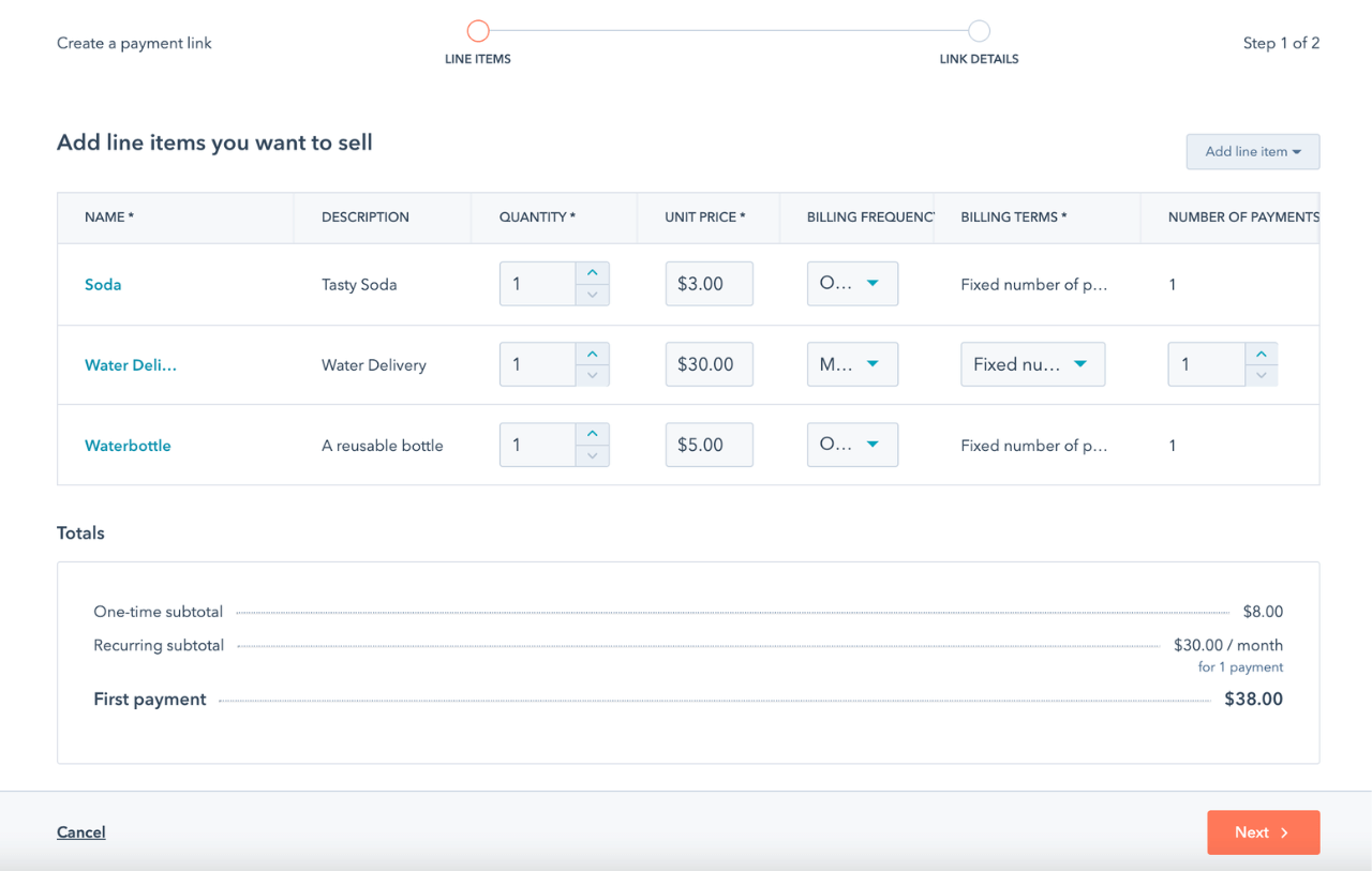 HubSpot quote software interface showing options to add multiple line items